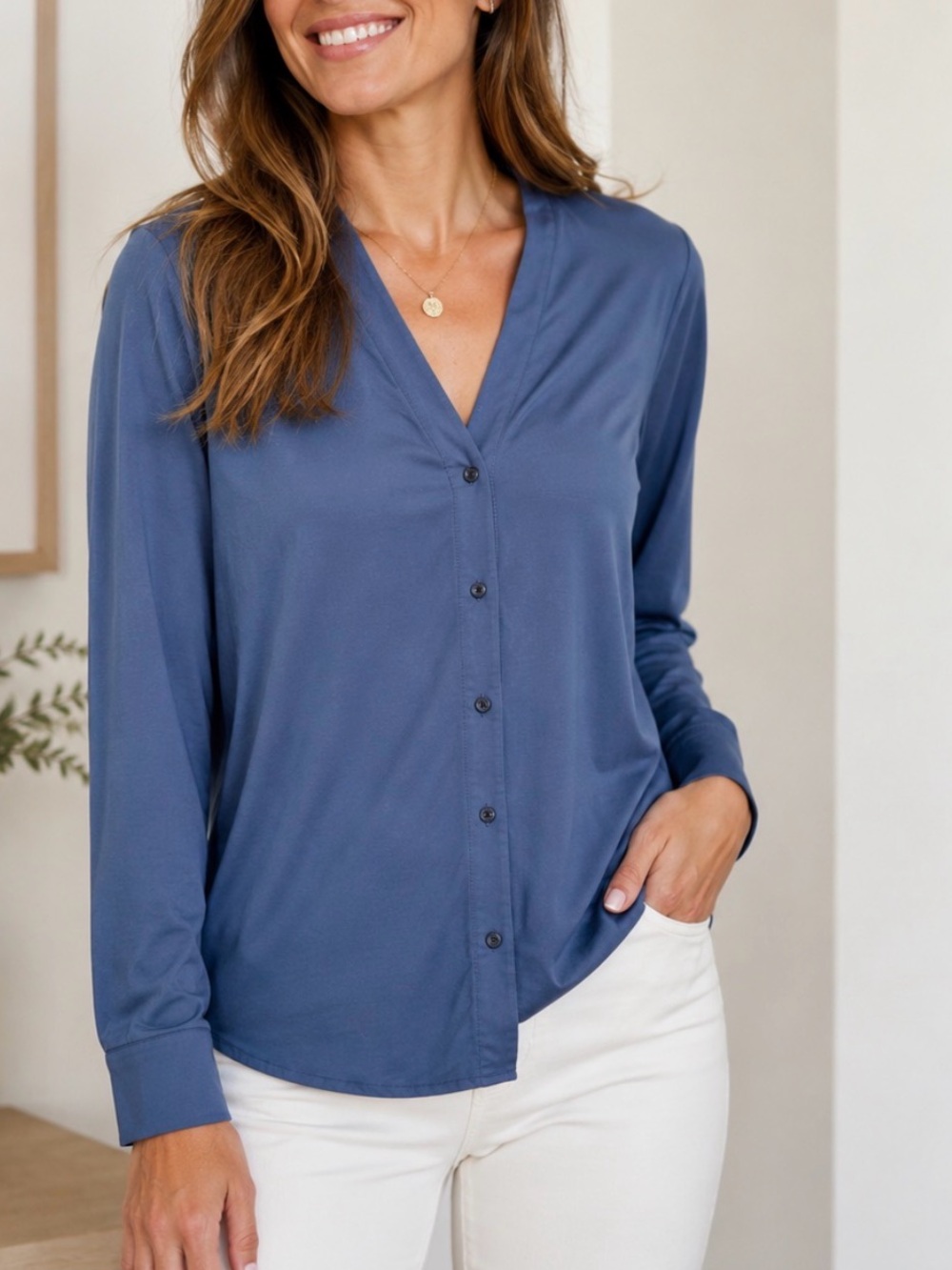 Kit & Ace M Going Places blue button down V neck technical commuter blouse